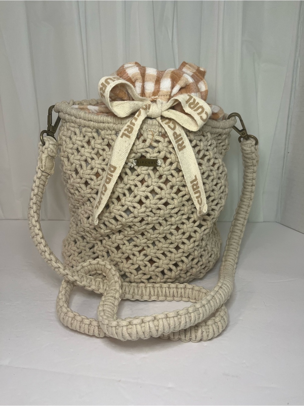Rip Curl Cream Crochet Drawstring Crossbody with Branded Ribbon